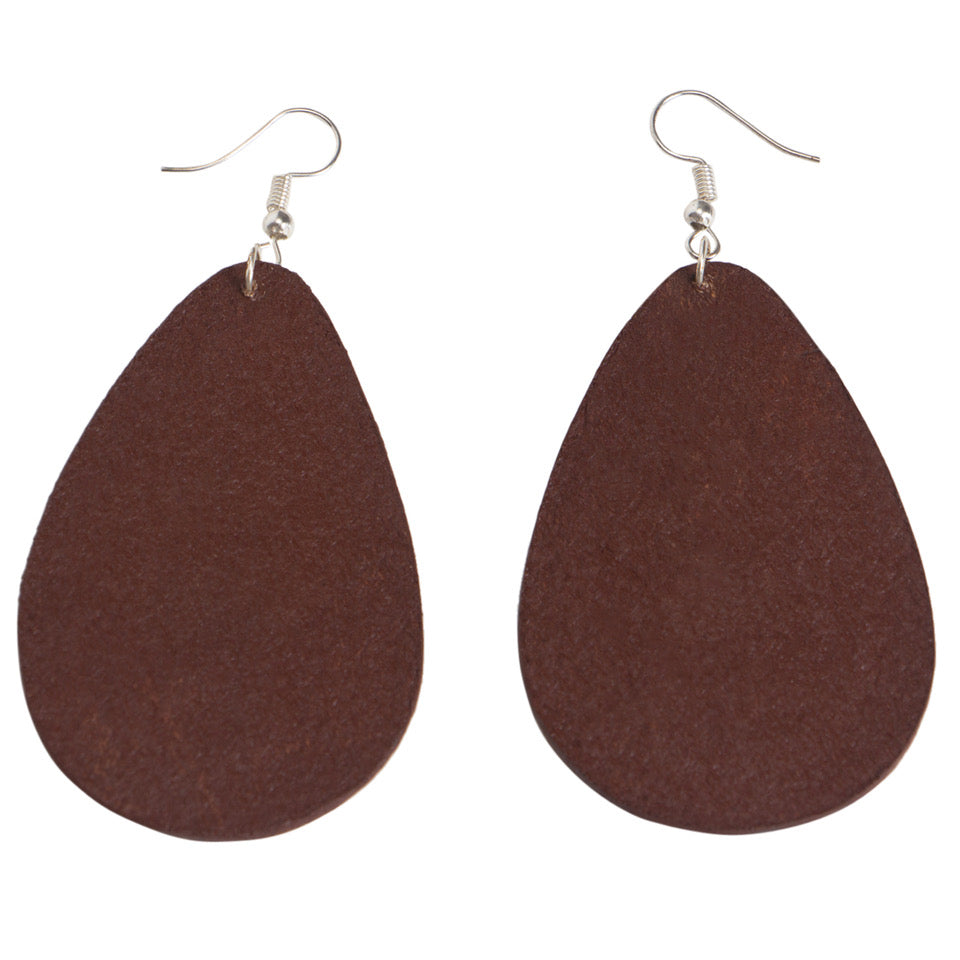 The Design Edge Ladies Tooled Pear Drop Leather Earrings - Tan