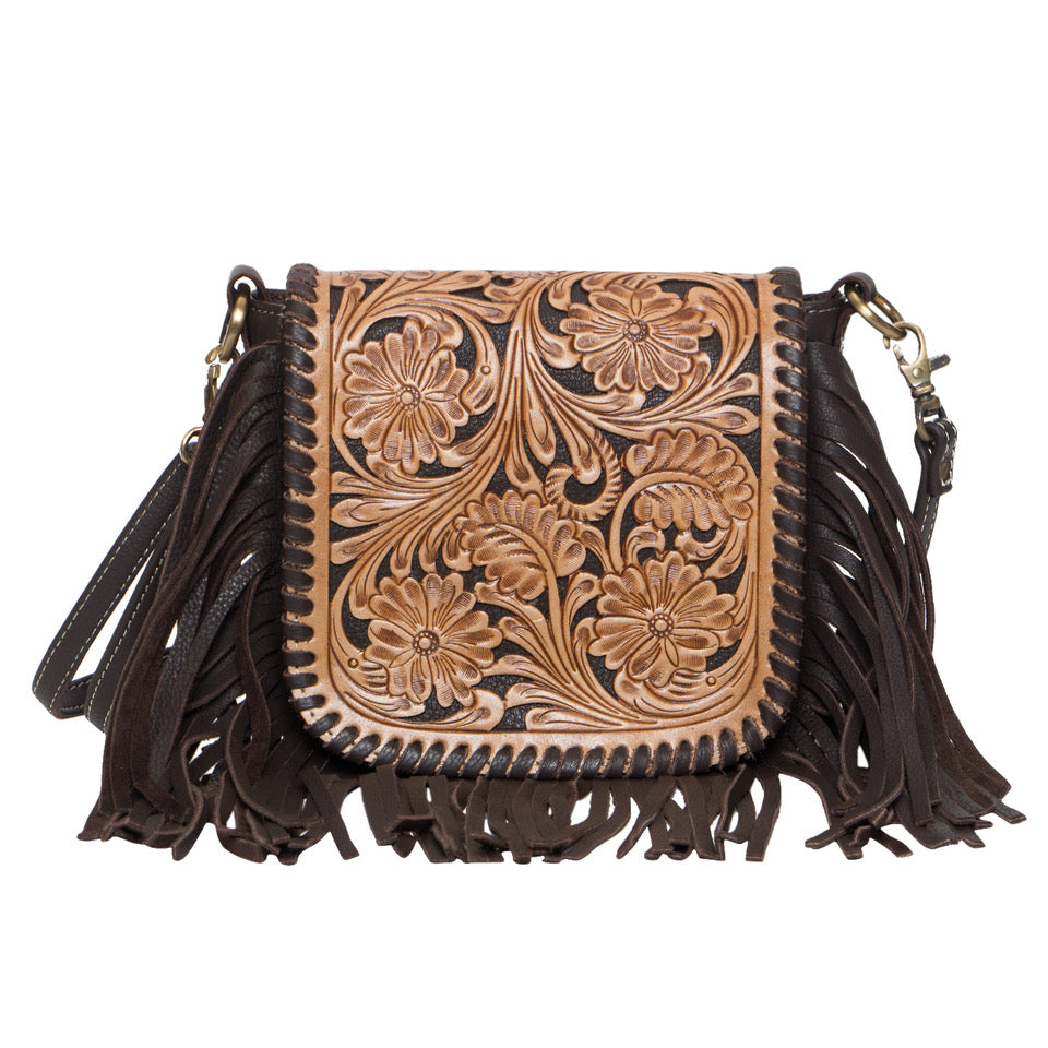 The Design Edge Ladies Hand Carved Flap Sling Bag - Dark Brown Leather - TLB14