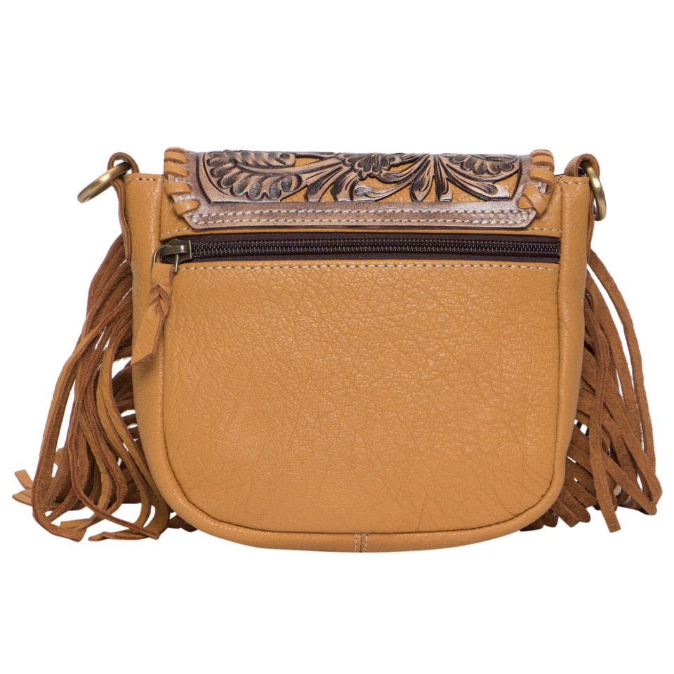 The Design Edge Ladies Hand Carved Flap Sling Bag - Tan Leather - TLB14