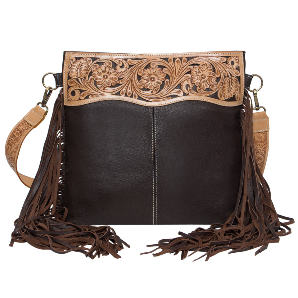 The Design Edge Ladies Tooling Hand Carved Medium Sling Bag - Dark Brown Leather - TLB16