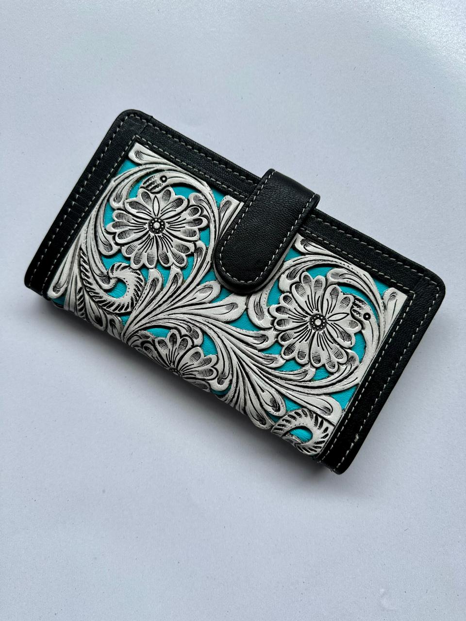 The Design Edge Ladies Tooling Leather Carved Clutch Wallet - Black/Turq Leather - TLW25TURQ