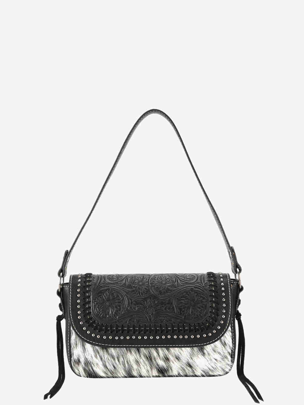 Trinity Ranch Hair-On Cowhide Vintage Floral Tooled Shoulder Bag - Black - TR1579288BK