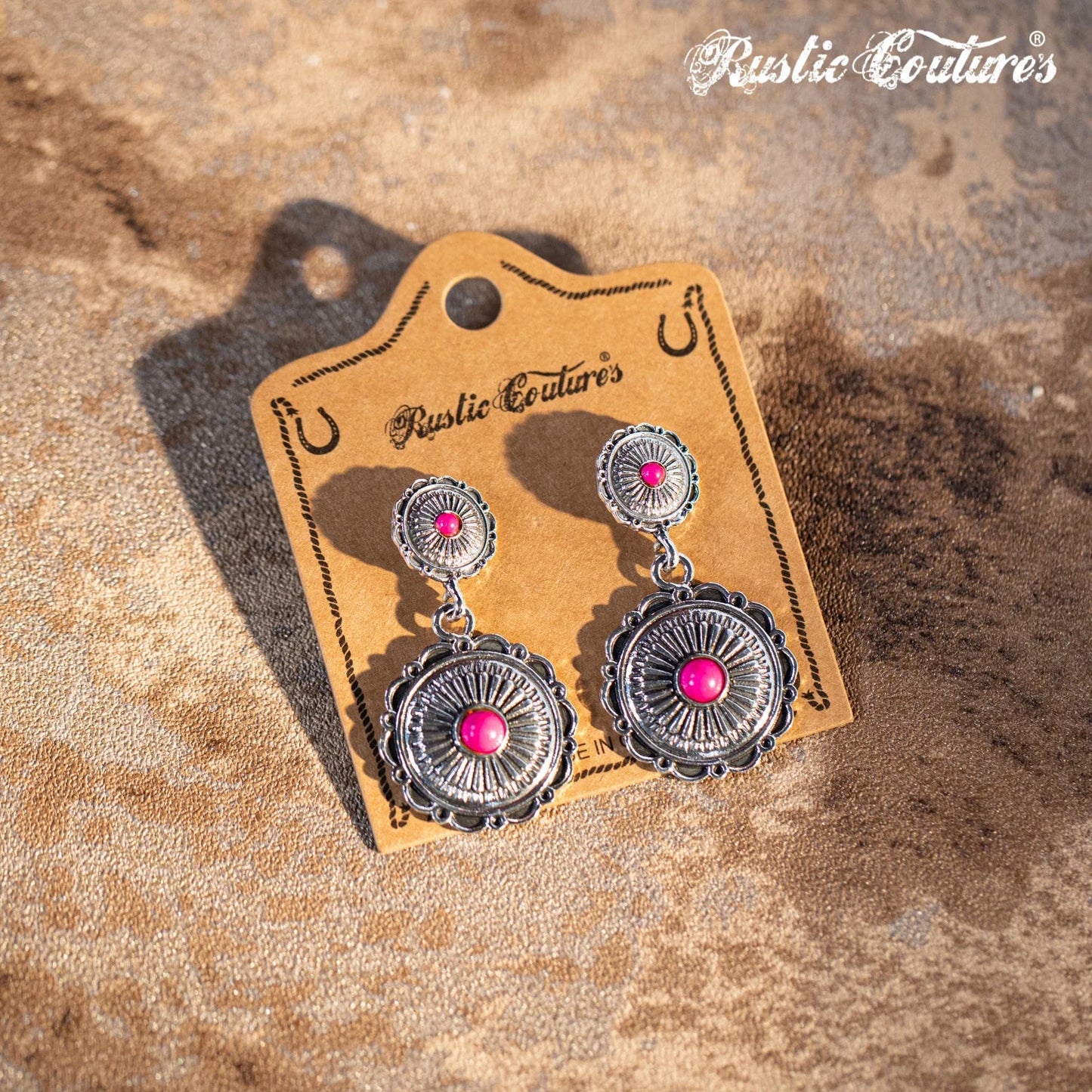 Rustic Couture's Bohemian Natural Stone Concho Dangling Earring - Hot Pink