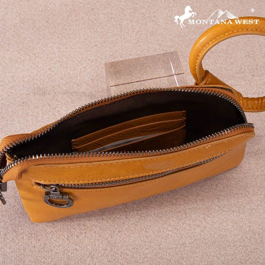 Montana West Floral Tooled Ring Handle Wristlet Clutch Bag - Mustard