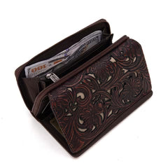 Trinity Ranch Floral Tooled Wallet - Khaki and Coffee