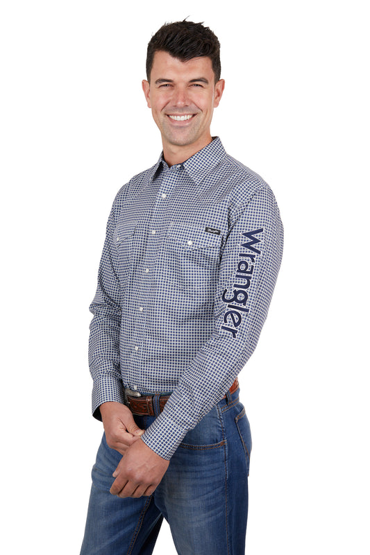 Wrangler Mens Peter Print Logo Western Long Sleeved Shirt - Navy/Tan