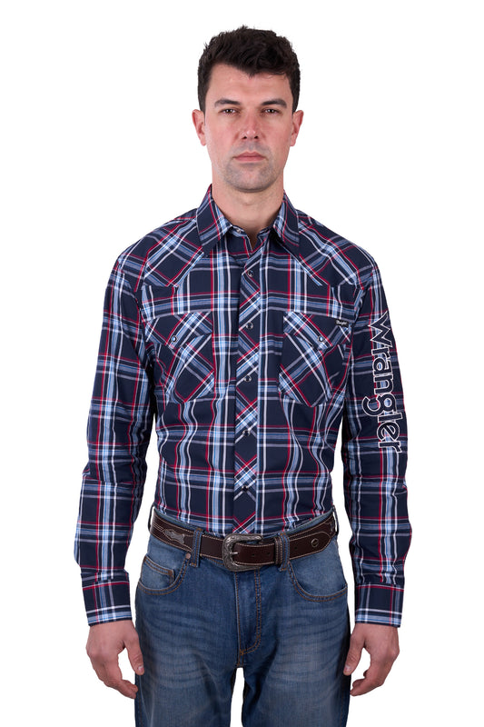 Wrangler Mens Hugo Check Western Logo L/S Shirt - Navy and Red