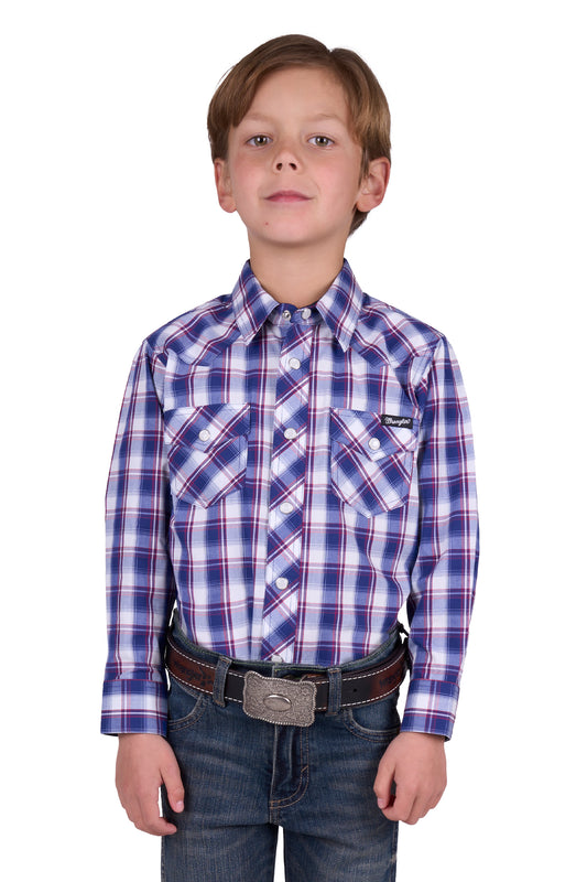 Wrangler Boys Noah Check Western L/S Shirt - Royal/Red