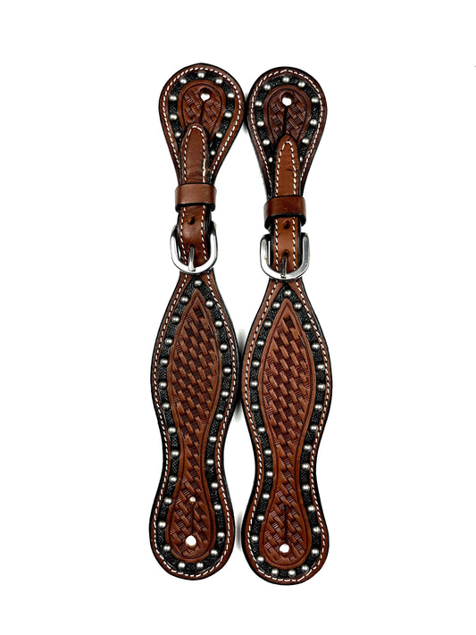 Ezy Ride Spur Strap with Basket Stamp and Border Dots 2 Tone - Chestnut - NE-AE-162