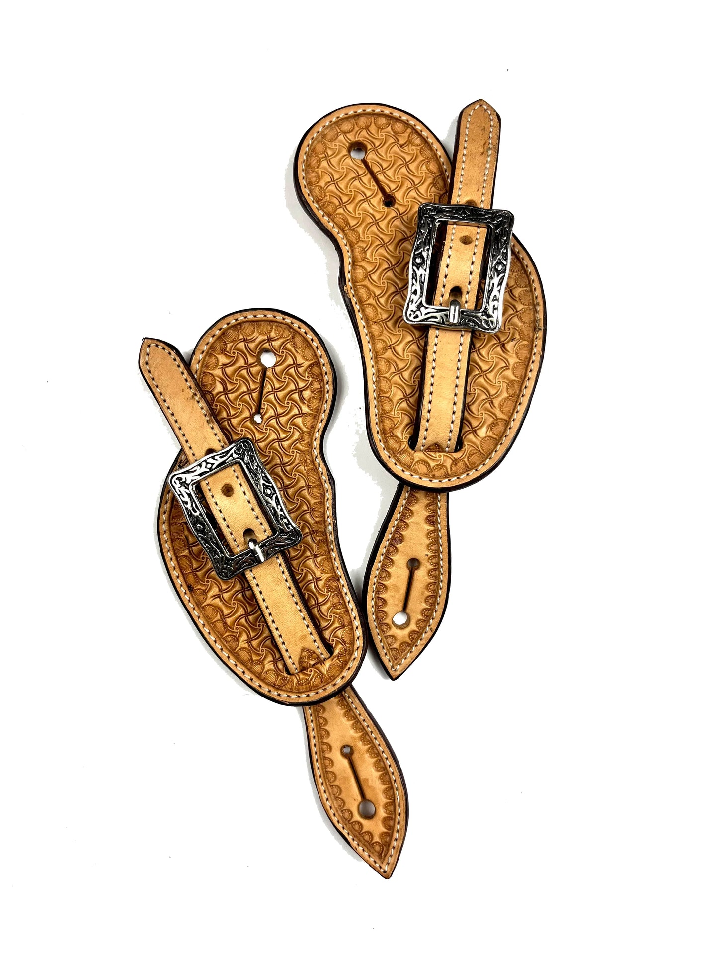Ezy Ride Youth Spur Strap Cowboy Shape with Stamping and Square Silver Buckles - Natural - NE-AE-164