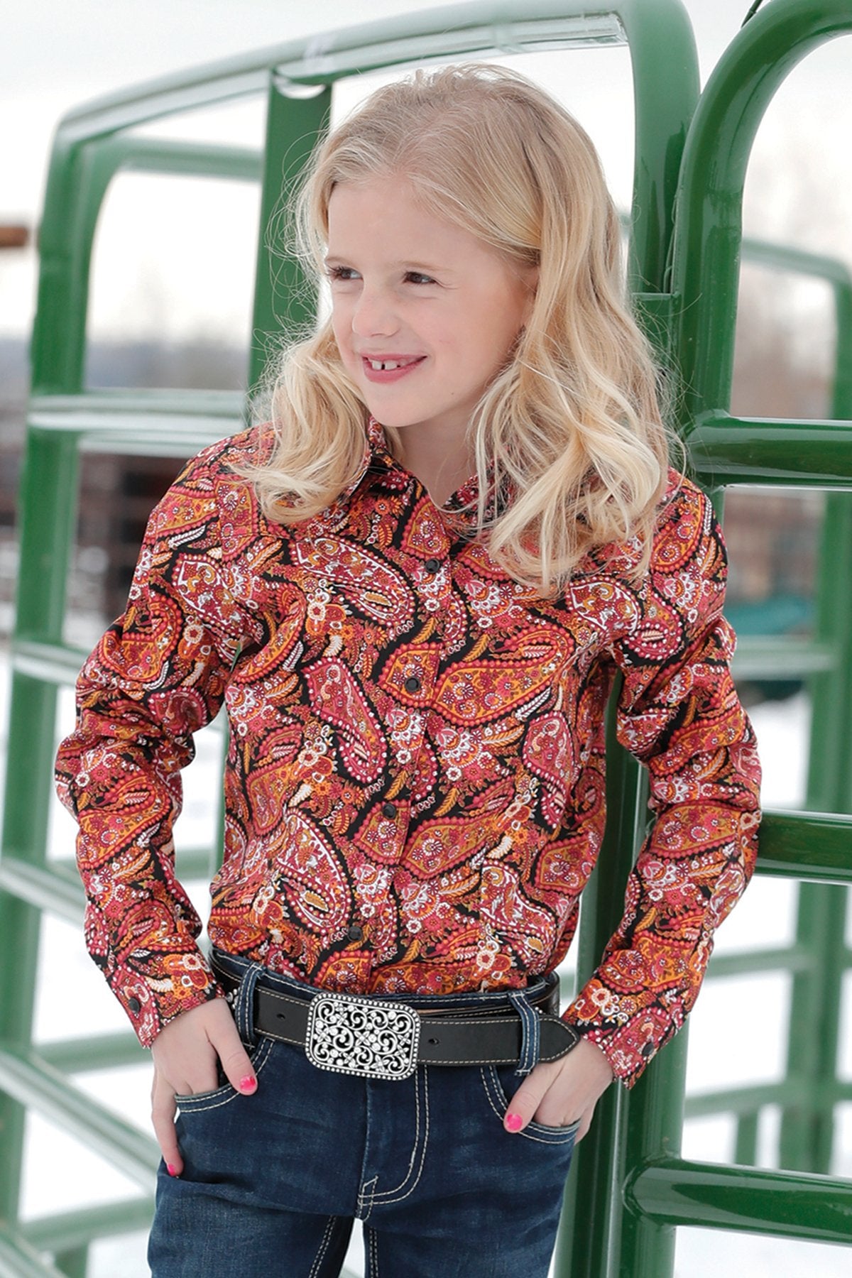 Cruel Girl Girls Paisley Print Western L/S Shirt - Black/Pink