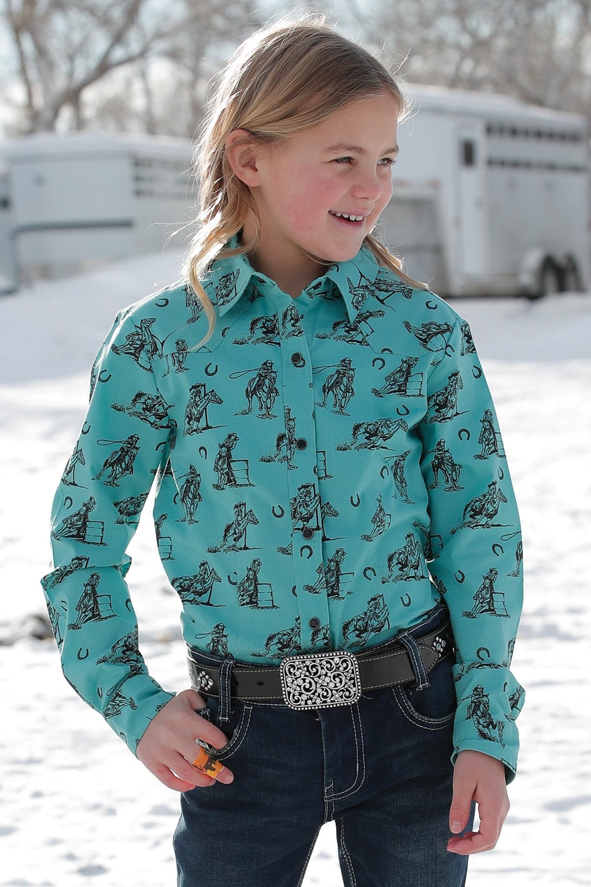 Cruel Girl Girls Print Western L/S Shirt - Turquoise