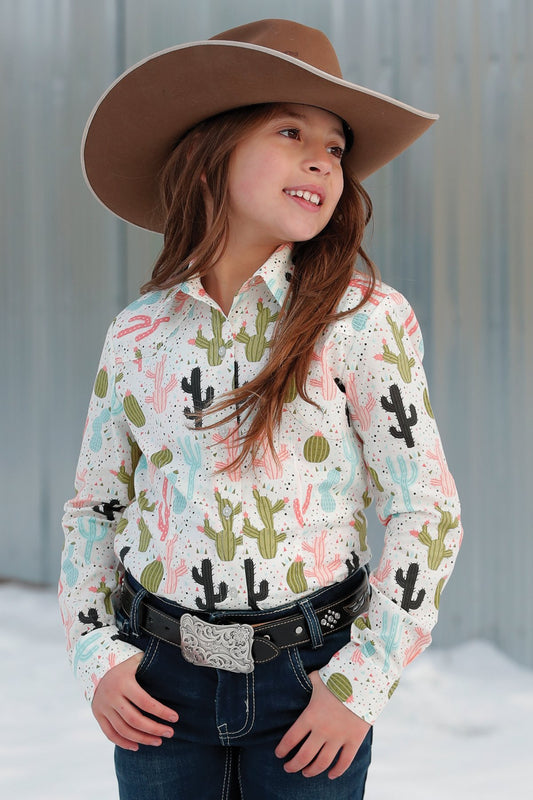 Cruel Girl Girls Cactus Print Button Down Western Shirt - Cream/Olive - CTW3380001