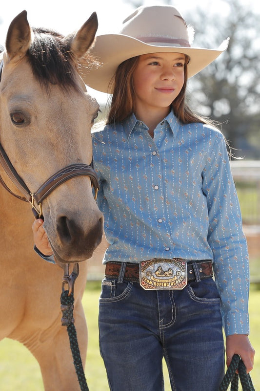 Cruel Girl Girls Floral Print Snap Front Light Blue L/S Shirt