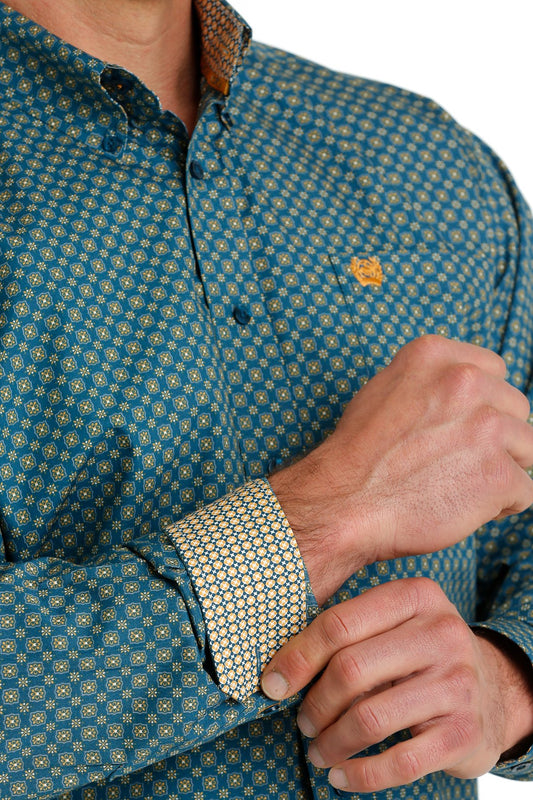 Cinch Mens Medallion Print Button Down Shirt - Blue/Orange - MTW1105659