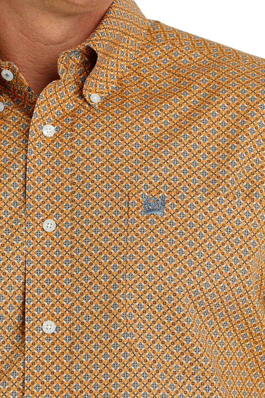Cinch Mens Geometric Print L/S  Button Down Shirt - Orange/Blue - MTW1105700