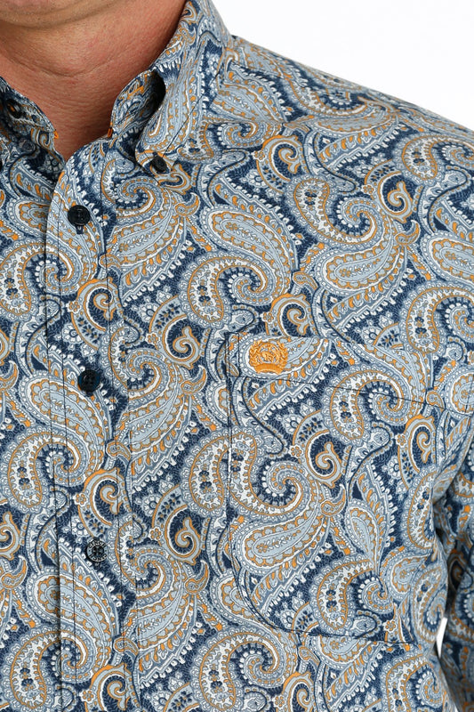 Cinch Mens Paisley Print L/S  Button Down Shirt - Navy/Blue/Orange - MTW1105702
