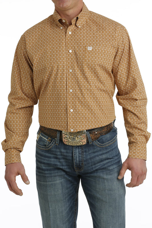 Cinch Mens Geometric Print L/S  Button Down Shirt - Brown/White - MTW1105715