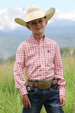 Cinch Boys Medallion Print Button Down Western L/S Shirt - Pink