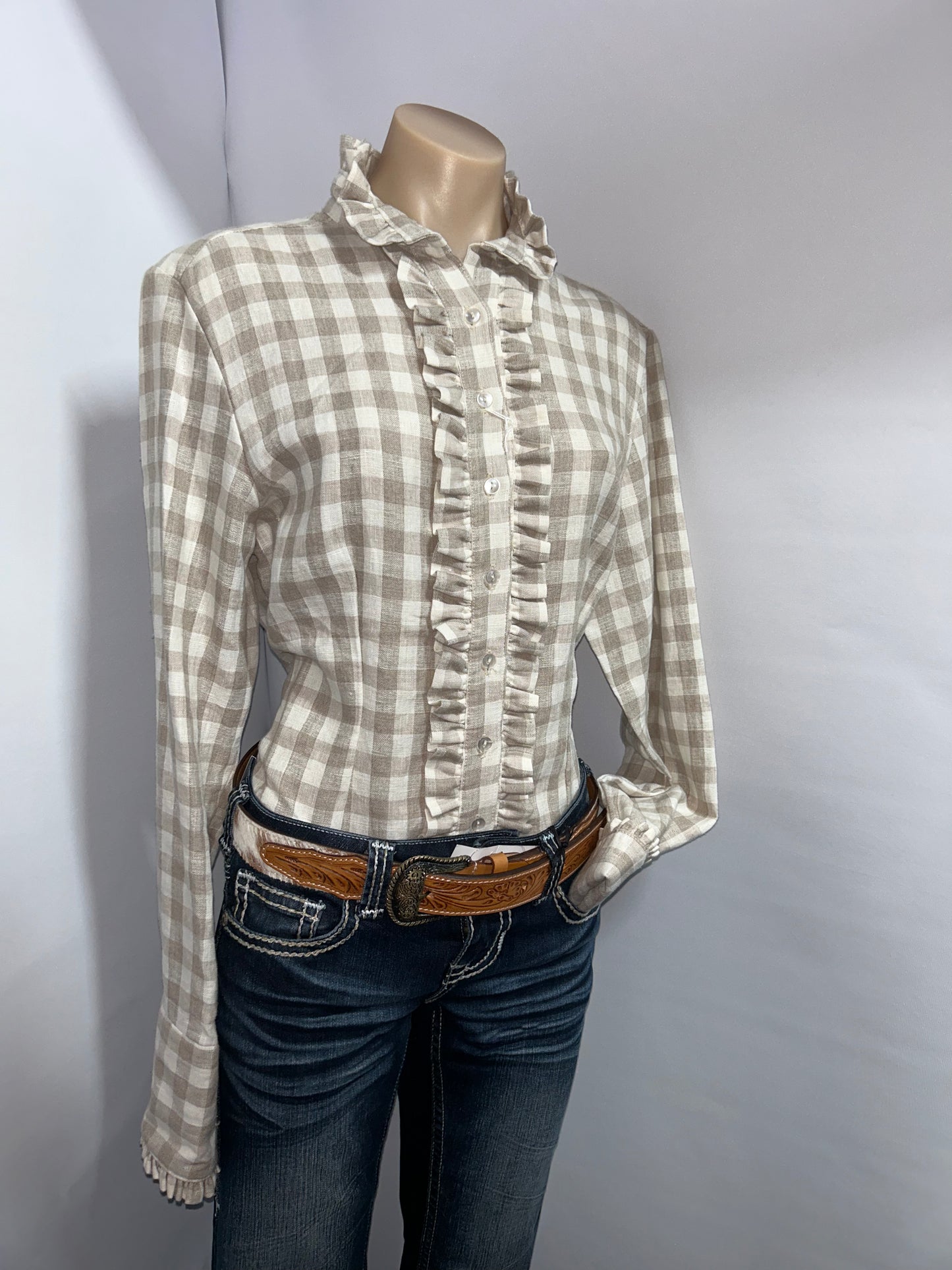 Netties Ladies Emberlynn Linen Fitted L/S Frill Shirt