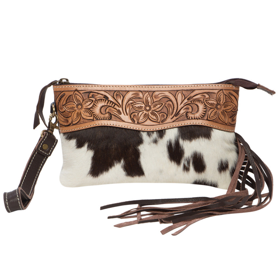 The Design Edge Tooled Salvador Tassel Clutch- AC44- Brown/ White