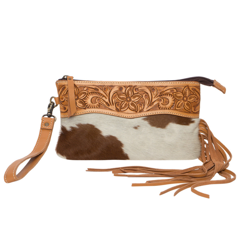 The Design Edge Tooled Salvador Tassel Clutch- AC44- Tan/ White