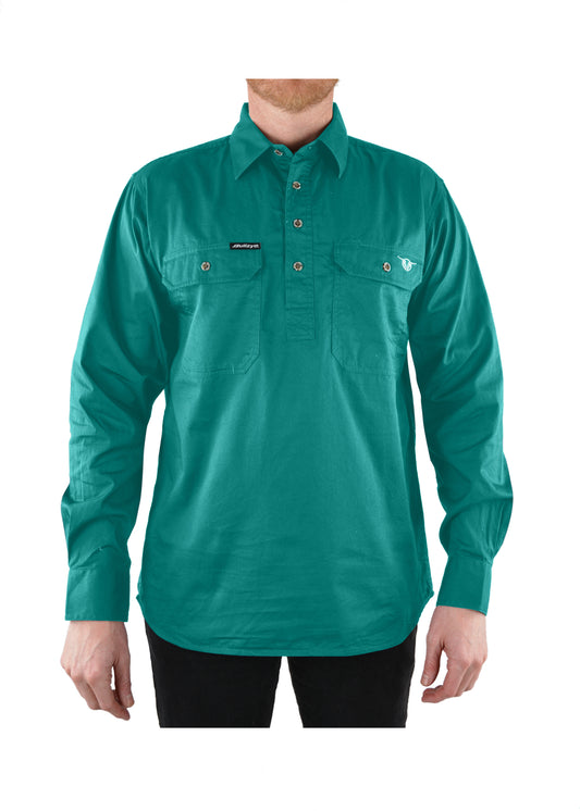 Bullzye Mens Half Placket Work Shirt - Green - B1S1101120 - ON SALE