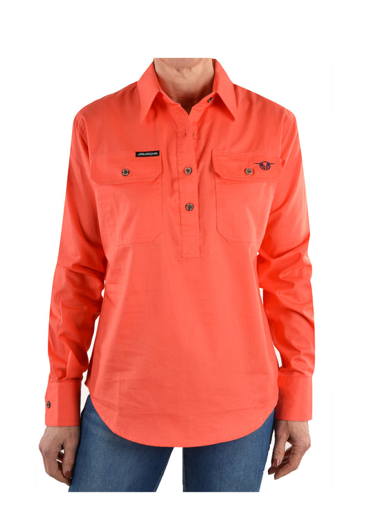 Bullzye Ladies Half Placket Work Shirt - Coral- ON SALE