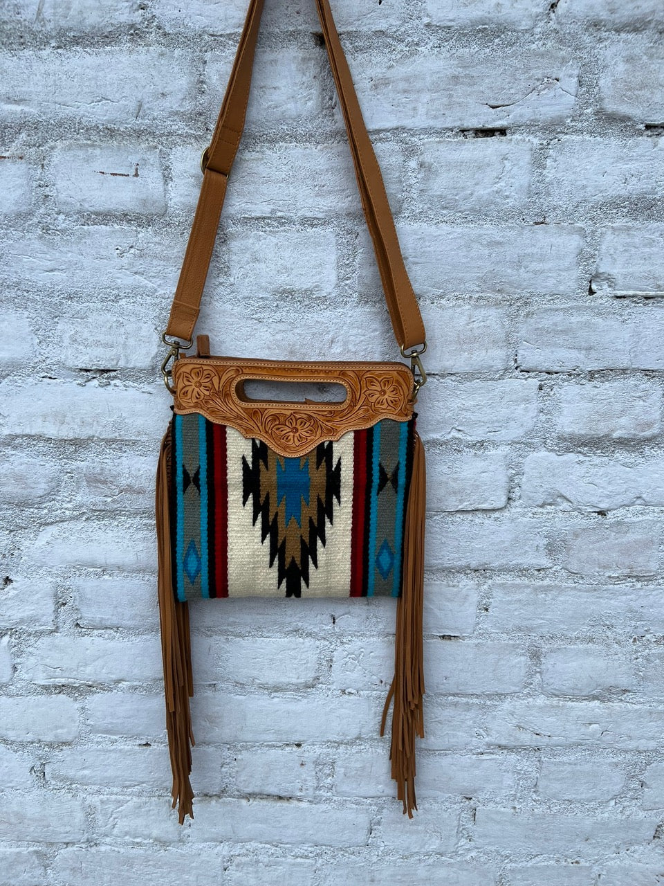 The Design Edge Tooled Grey Saddle Blanket Sling Bag- TSB04A- Brown Tooled Leather