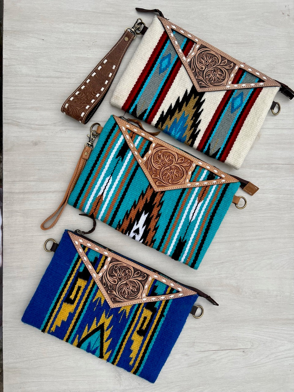 The Design Edge Tooled Turquoise Saddle Blanket Big Clutch- TSB45B- Tan Tooled Leather