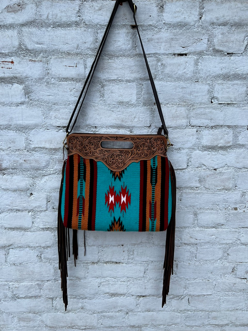 The Design Edge Tooled Turquoise Saddle Blanket Bag- TSB03A- Tan Tooled Leather