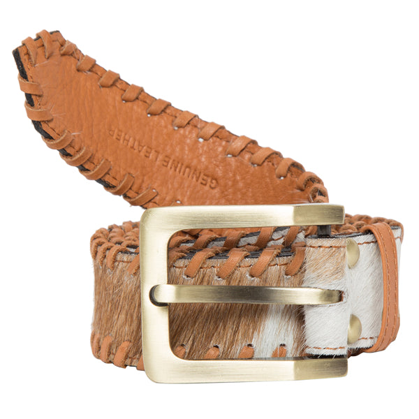 The Design Edge Boho Cowhide Belt - Tan and White