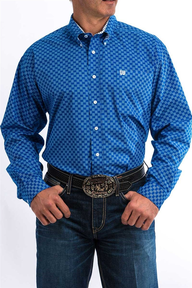 Cinch Mens Blue Geometric Print L/S Shirt