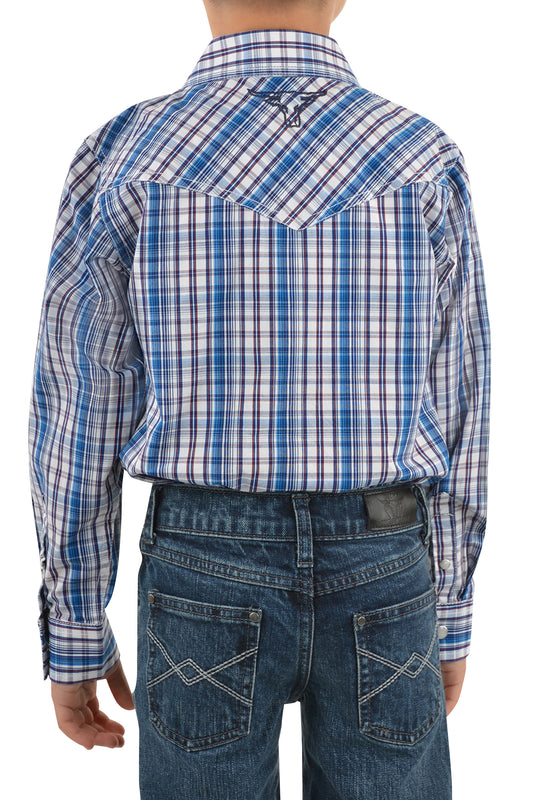 Pure Western Boys Bolt Check Western L/S Shirt - Navy/Blue - P3W3100671