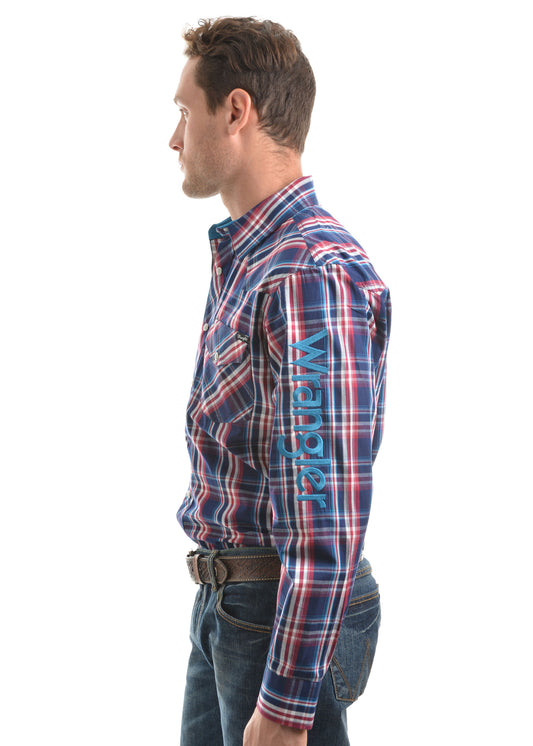 Wrangler Mens Logo Stirling Check Long Sleeved Shirt - Dark Navy/Maroon