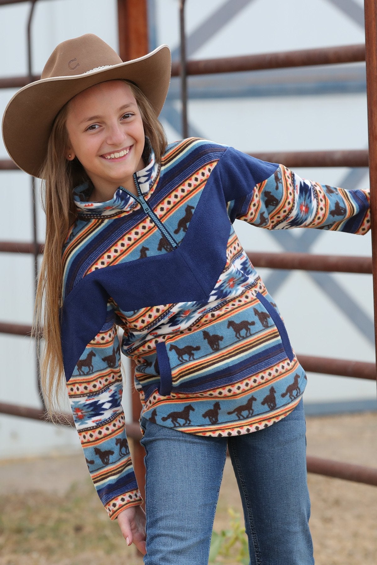 Cruel Girl Girls Aztec Horse Print Polar Fleece Pullover - Navy - On Sale