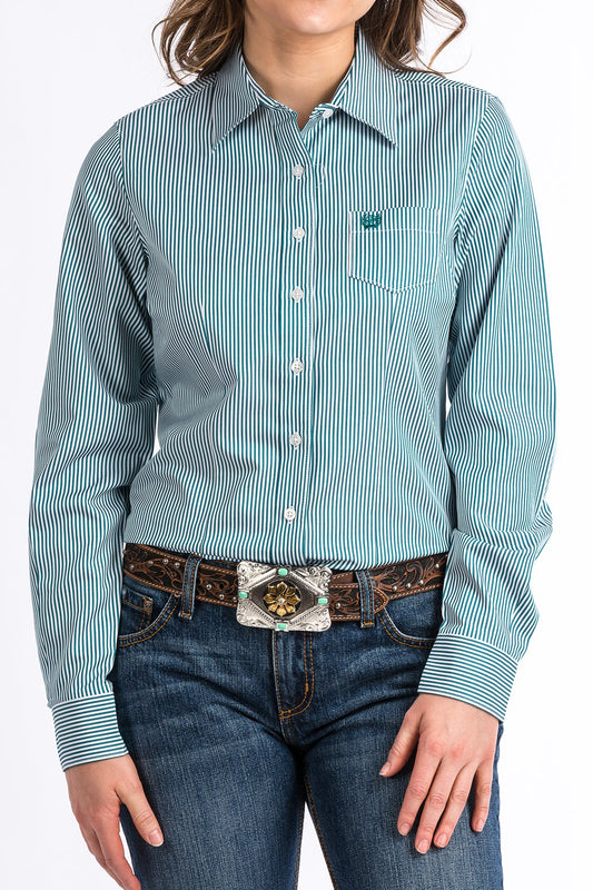 Cinch Ladies Teal and White Button Up L/S Shirt - MSW9164088 - On Sale
