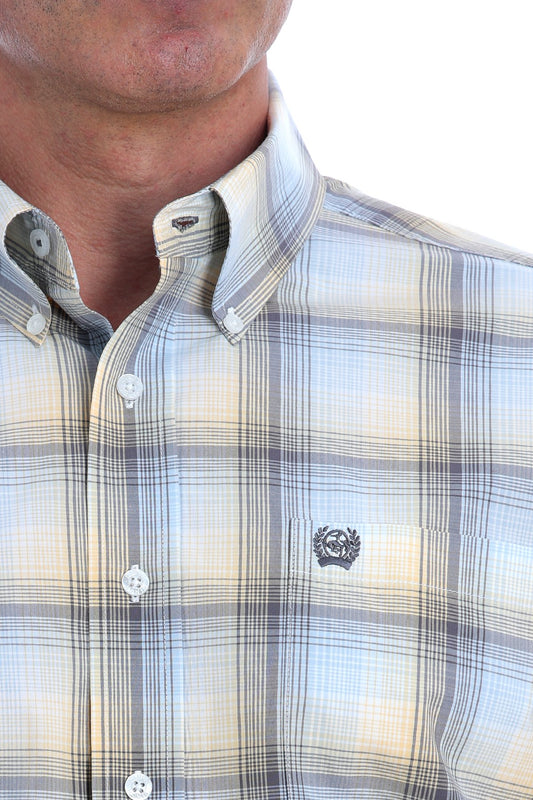 Cinch Mens Light Blue, Gold and Grey Ombre Plaid L/S Shirt