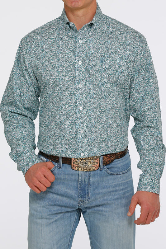 Cinch Mens Floral Paisley Button Down Western Shirt - White/Green/Blue - MTW1105414