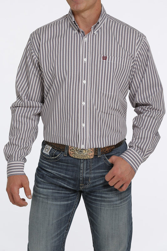 Cinch Mens Stripe Button Down Western Shirt - White/Burgandy/Blue - MTW1105429