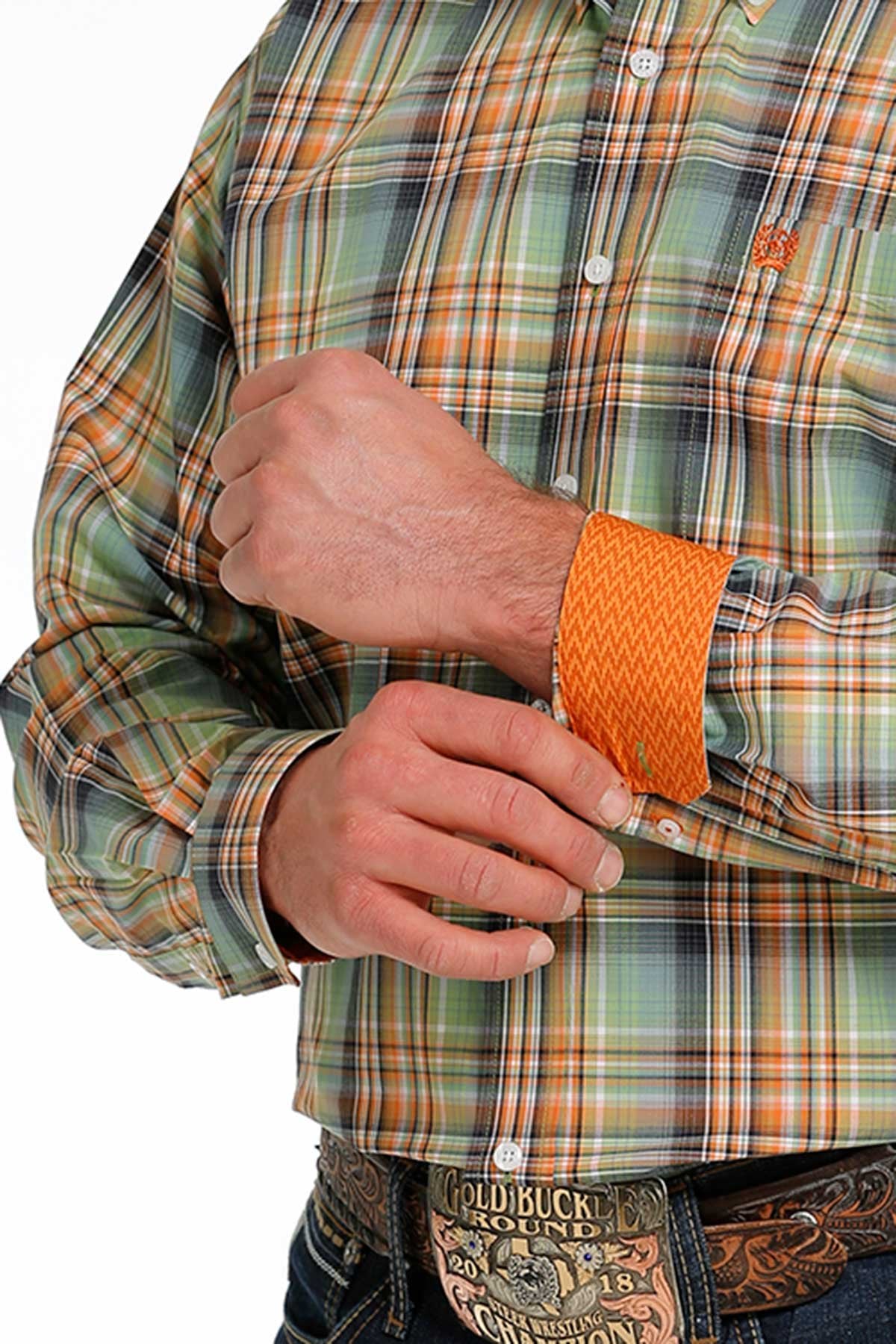 Cinch Mens Plaid Buttoned Down Western L/S Shirt - Green/Orange - MTW1105476 - On Sale