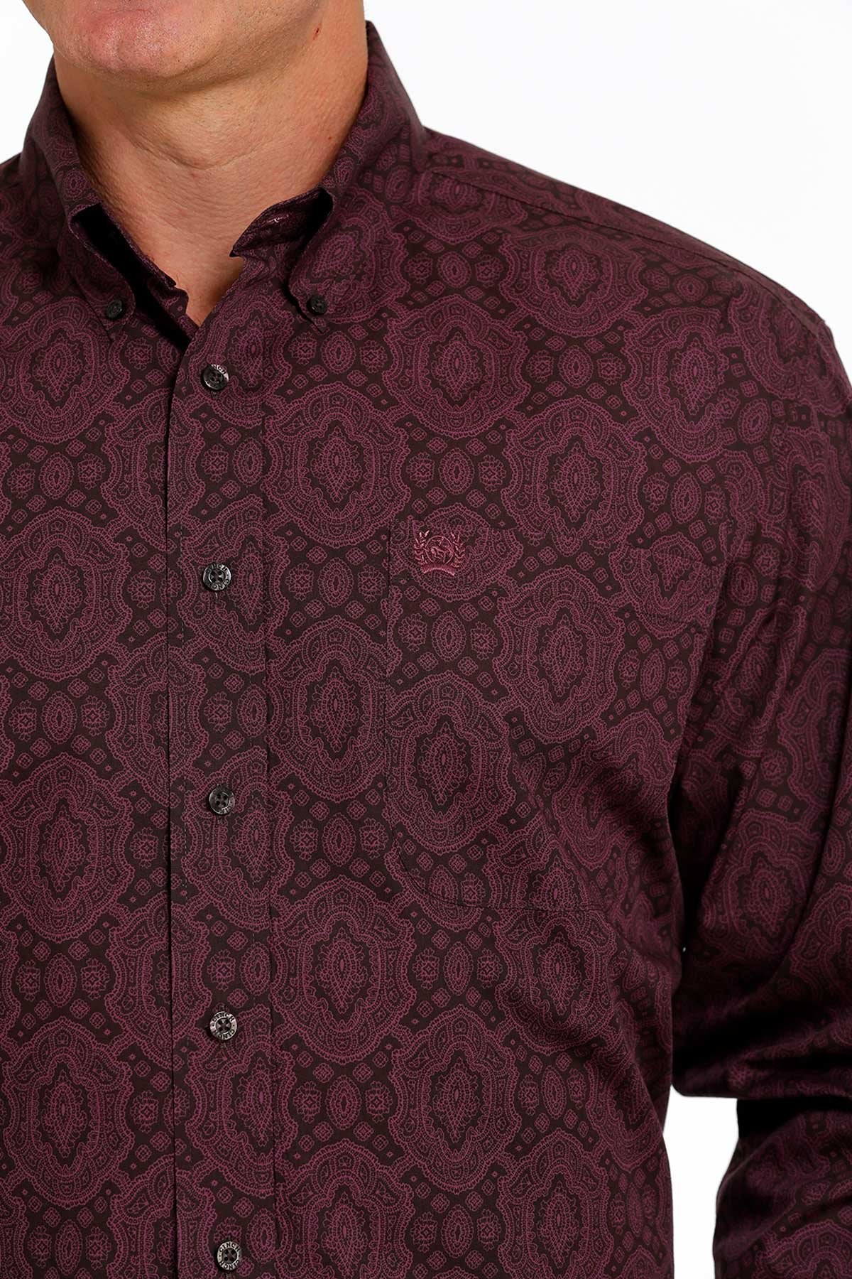 Cinch Mens Paisley Print Button Down Western L/S Shirt - Brown/Purple - MTW1105485 - On Sale