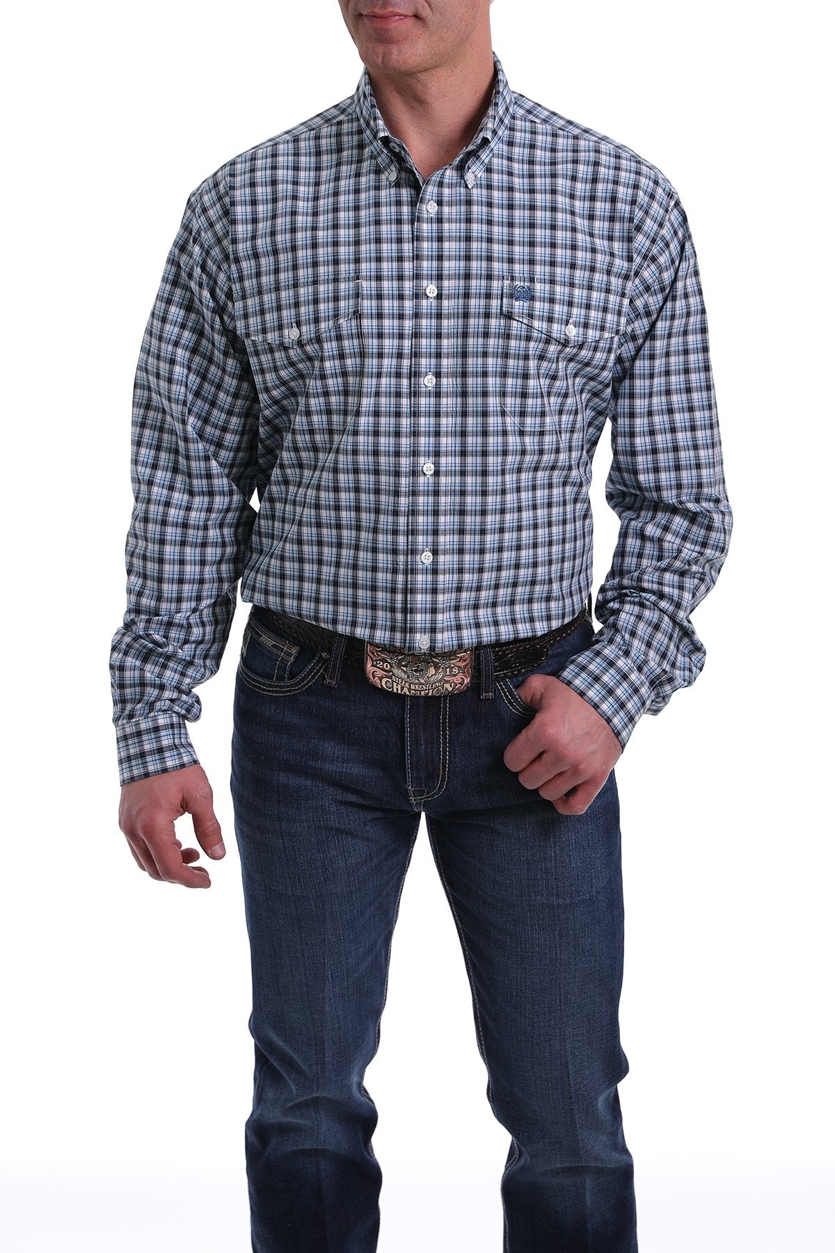 Men's Cinch L/S, Modern Fit, Navy with Brown and White Plaid