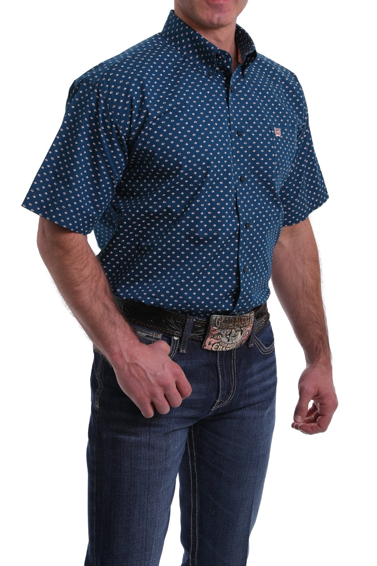 Cinch Mens Short Sleeved Navy, Peach and White Diamond Print Shirt