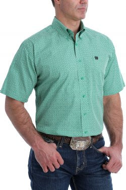 CINCH MEN'S SHORT SLEEVE GREEN, WHITE AND BLACK DIAMOND PRINT BUTTON-DOWN WESTERN SHIRT
