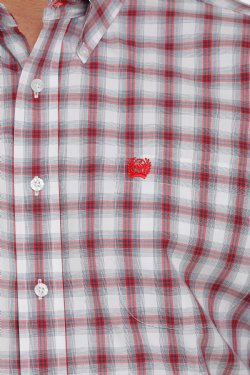 Cinch Mens White, Red and Navy Plaid Print L/S Shirt - MTW1105395