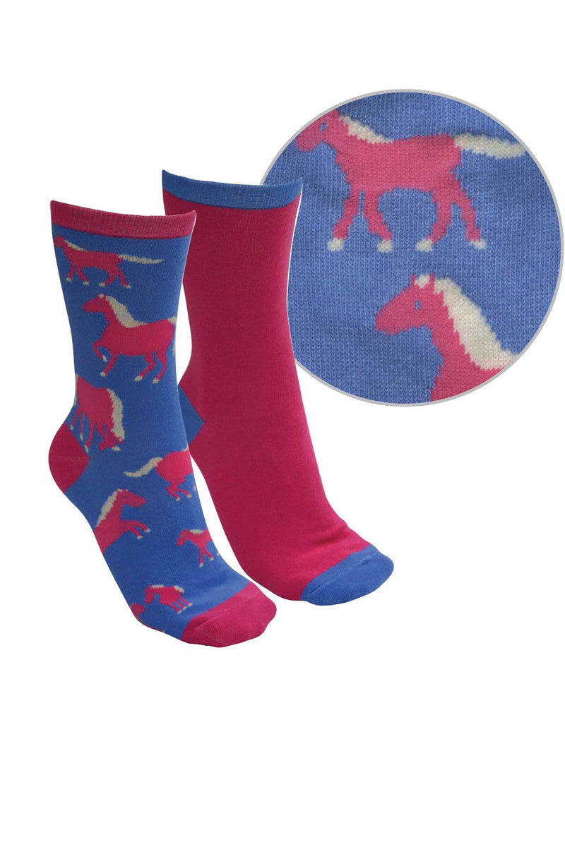 Thomas Cook Kids Farmyard Socks- Twin Pack - Blue/Bright Pink - Horse