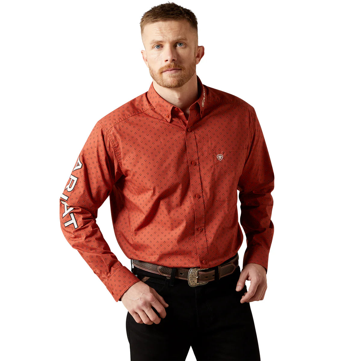 Ariat Mens Team Porter L/S Shirt - 10065813 - Brick Red/Beige