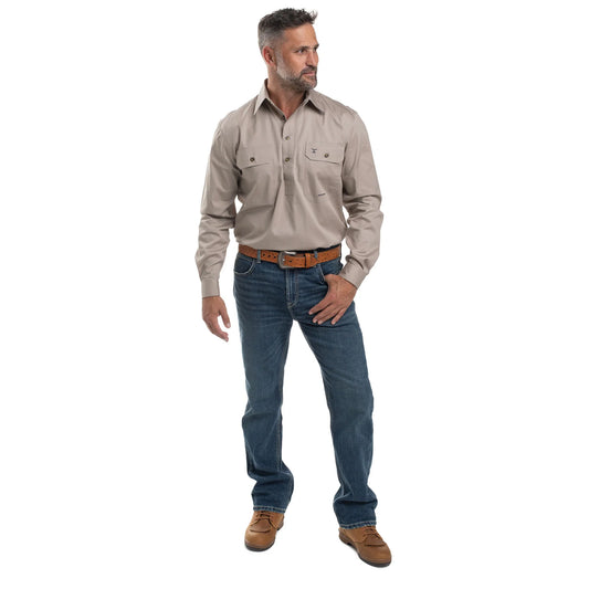 Just Country Mens 1/2 Button L/S Shirt - Stone - 10101STN