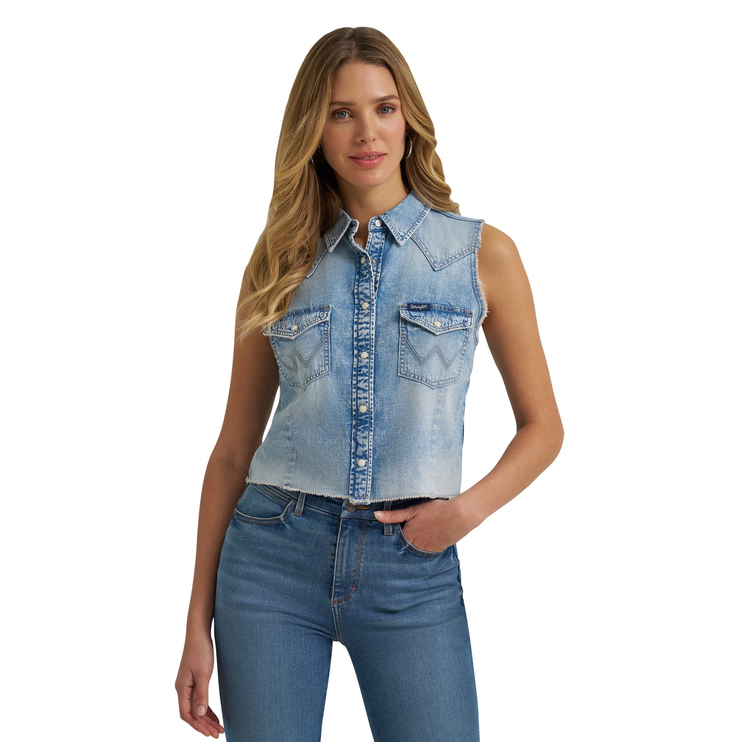 Wrangler Ladies Sleeveless Denim Snap Shirt - 112379492